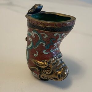 Vintage Chinese Cloisonné Enamel Water Buffalo Boot Shaped Sake Cup w/ Dragon
